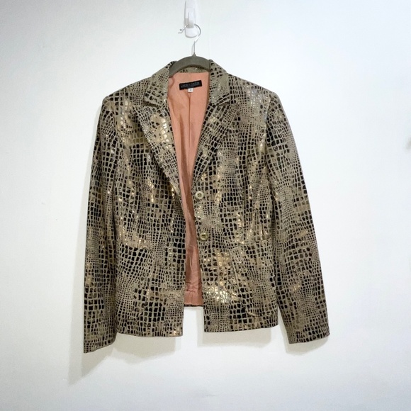 LAUREN TAYLOR Metallic Gold Black Animal Print Blazer Women’s 4 - Picture 3 of 6